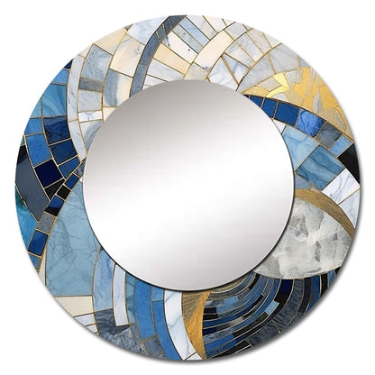 Miroir rond Designart Gold Constructing Blue Realms I Formes abstraites - Miroir de salon bleu moderne