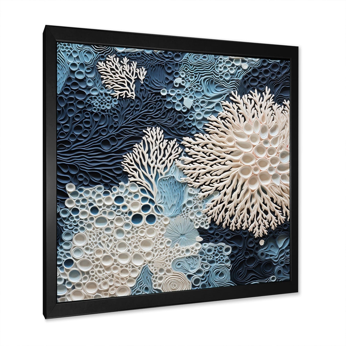 Designart Under Water Blue And White Corals Collage Coastal Framed Canvas Wall Art