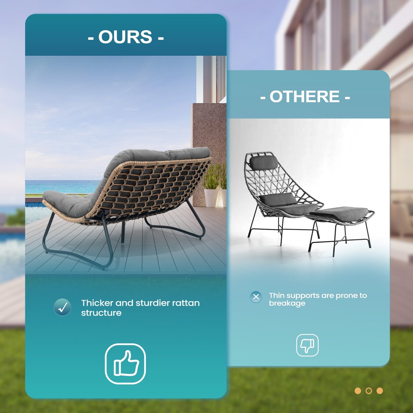 Fauteuil Papasan double avec coussin, rotin PE toutes saisons et cadre en métal pour intérieur et extérieur