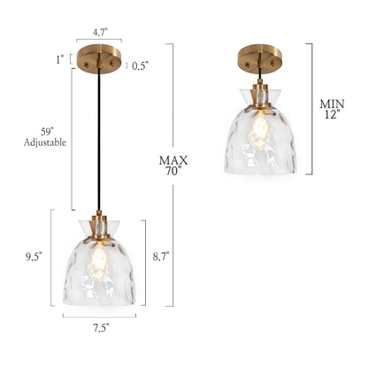 Suspension moderne du milieu du siècle Elisie à 1 ampoule en verre martelé avec dôme en cascade pour cuisine, îlot de cuisine, salle à manger