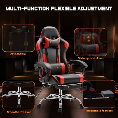 Fauteuil de jeu ergonomique pivotant à 360° en cuir PU avec repose-pieds, appui-tête, soutien lombaire et hauteur réglable