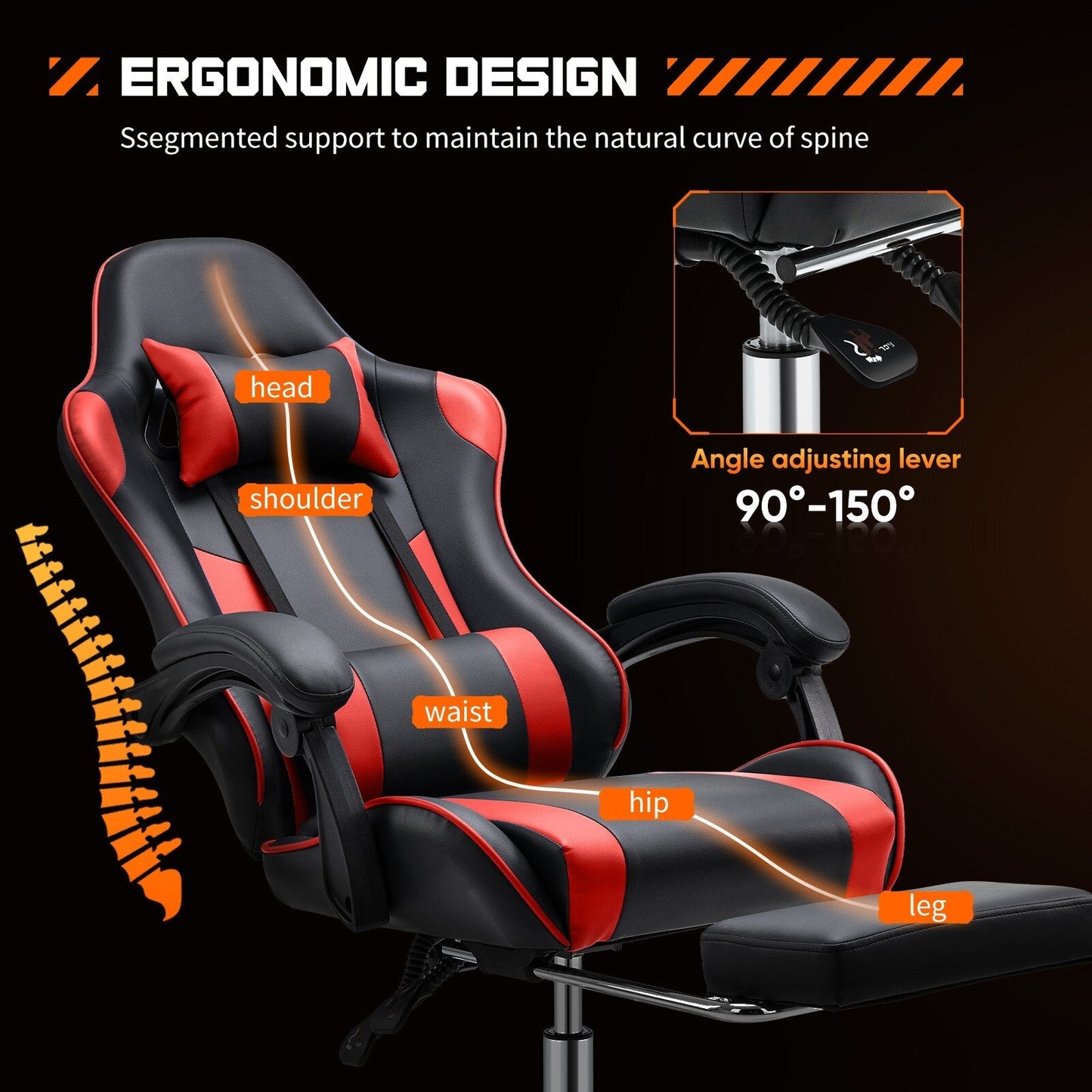 Fauteuil de jeu ergonomique pivotant à 360° en cuir PU avec repose-pieds, appui-tête, soutien lombaire et hauteur réglable