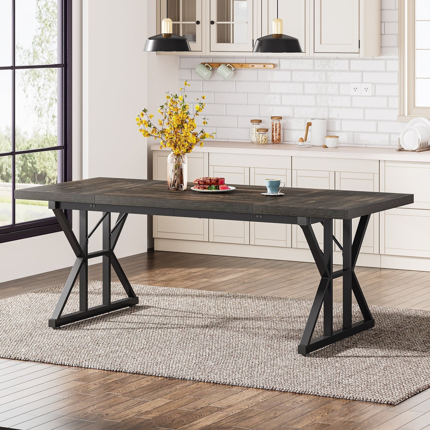 Table à manger de ferme pour 6 personnes, table de cuisine rectangulaire en bois de 70,8 pouces