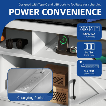 Meuble TV Farmhouse pouvant accueillir jusqu'à 65 téléviseurs avec portes et étagères ouvertes Console multimédia Prise de courant