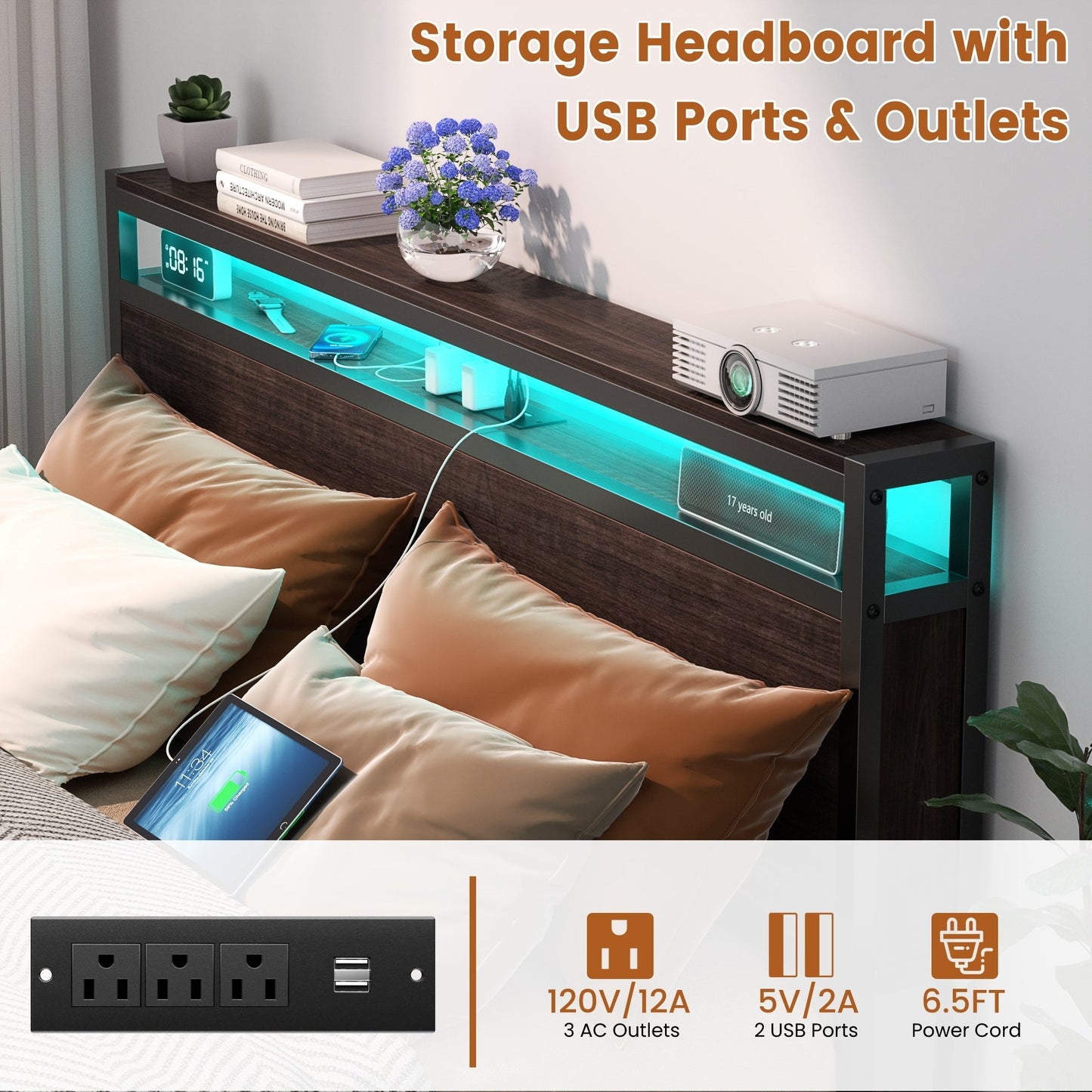 Cadre de lit plateforme en bois de style ferme avec station de charge et lumières LED