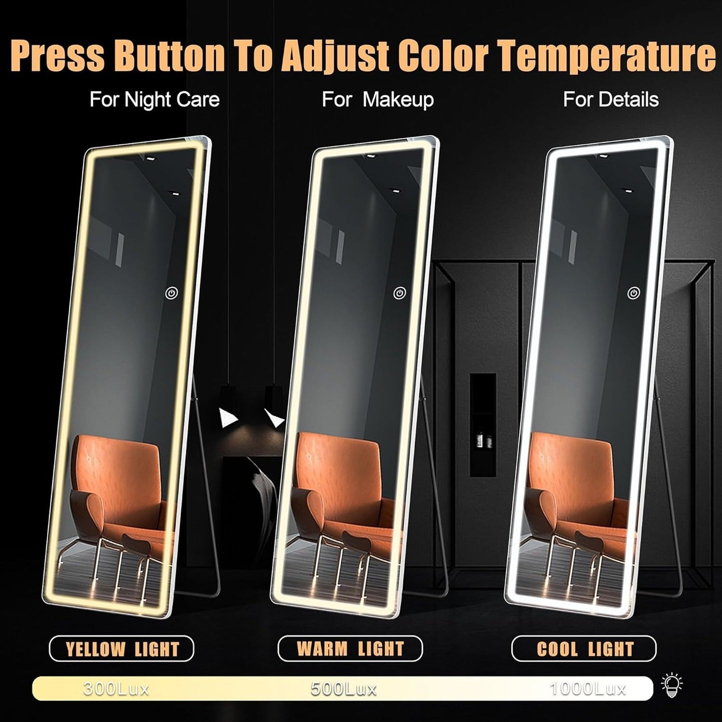 Miroir de sol avec éclairage LED, miroir pleine longueur 64 x 21 avec support, miroir suspendu, miroir mural, miroir intégral