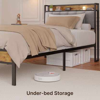 Cadre de lit plateforme en métal pour lit simple, double, queen ou king size avec tête de lit rembourrée et rangement