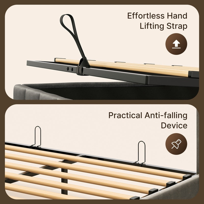 Cadre de lit relevable avec rangement, cadre de lit plateforme rembourré avec système de rangement hydraulique et tête de lit