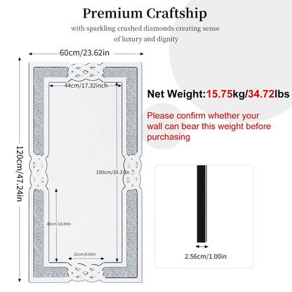 Miroir mural glamour avec accents de cristal et diamants