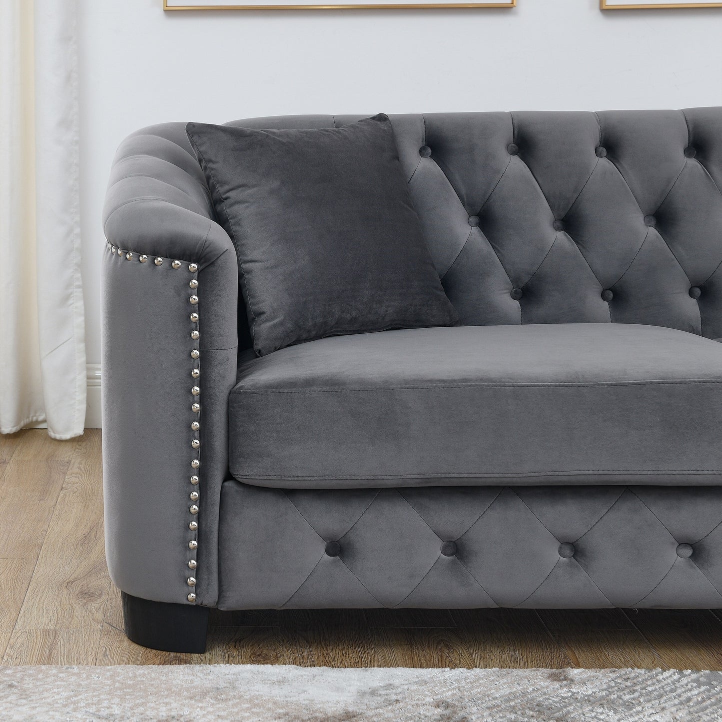 Grey 59'' Modern Velvet 2-Seater Sofa with Tufted Backrest and Nailhead Arms