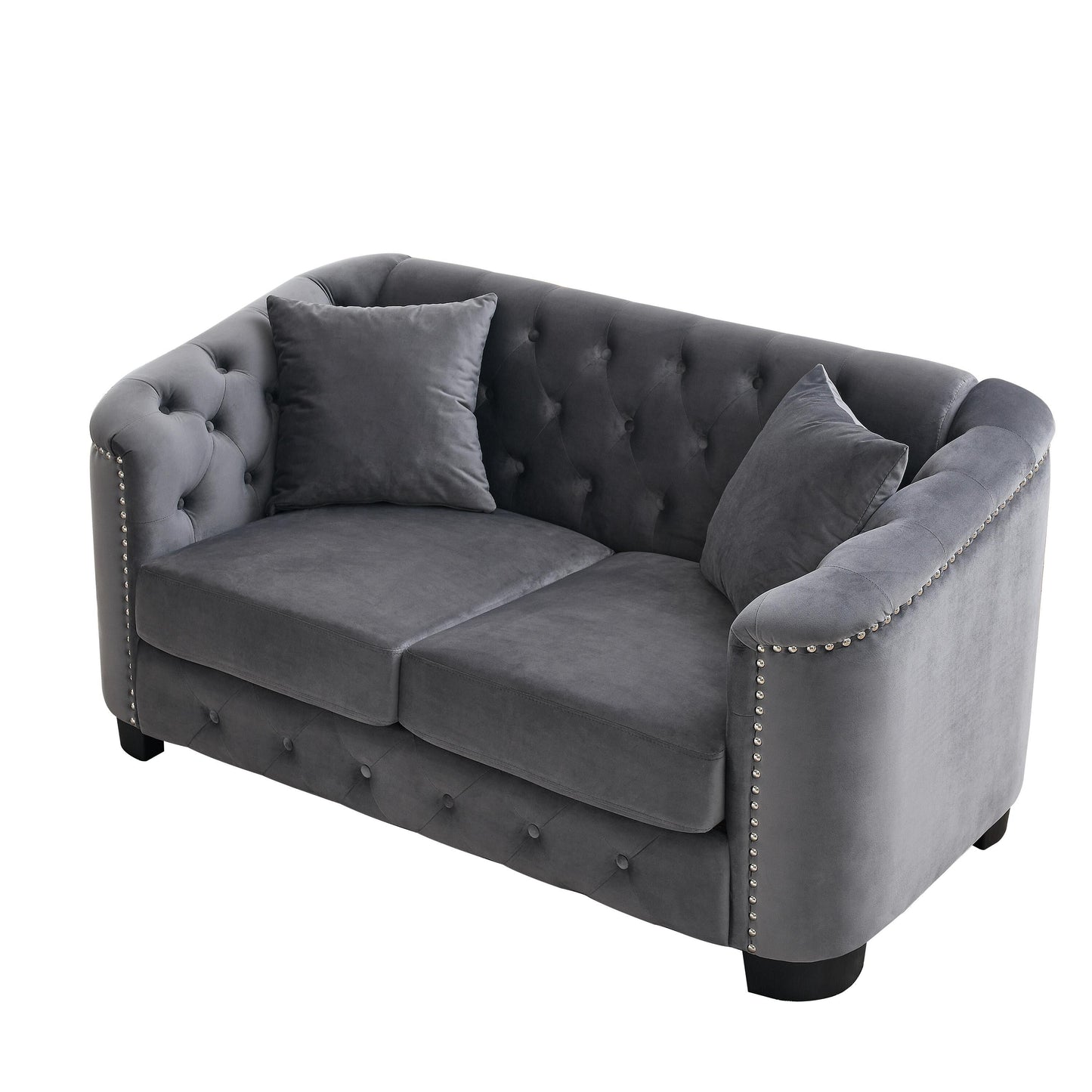 Grey 59'' Modern Velvet 2-Seater Sofa with Tufted Backrest and Nailhead Arms