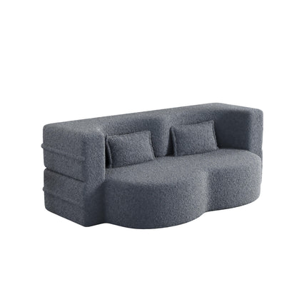 Grey 78 Convertible Teddy Fabric Loveseat Foam-Filled Floor Sofa Bed with 2 Pillows and Folding Mattress for Living Room