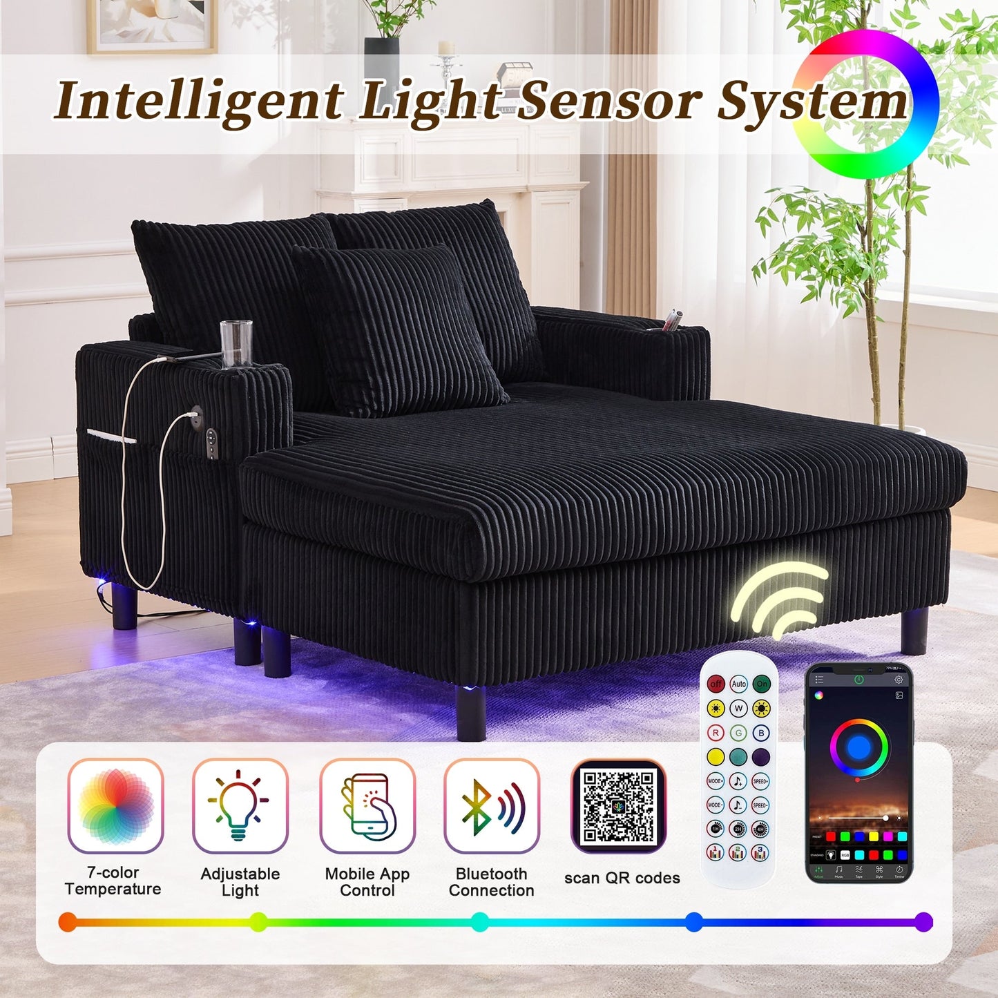 HOMEFUN Corduroy Upholstered Oversized RGB LED Light Recliner Sofa Bed with Cup Holder,USB&3 Pillows