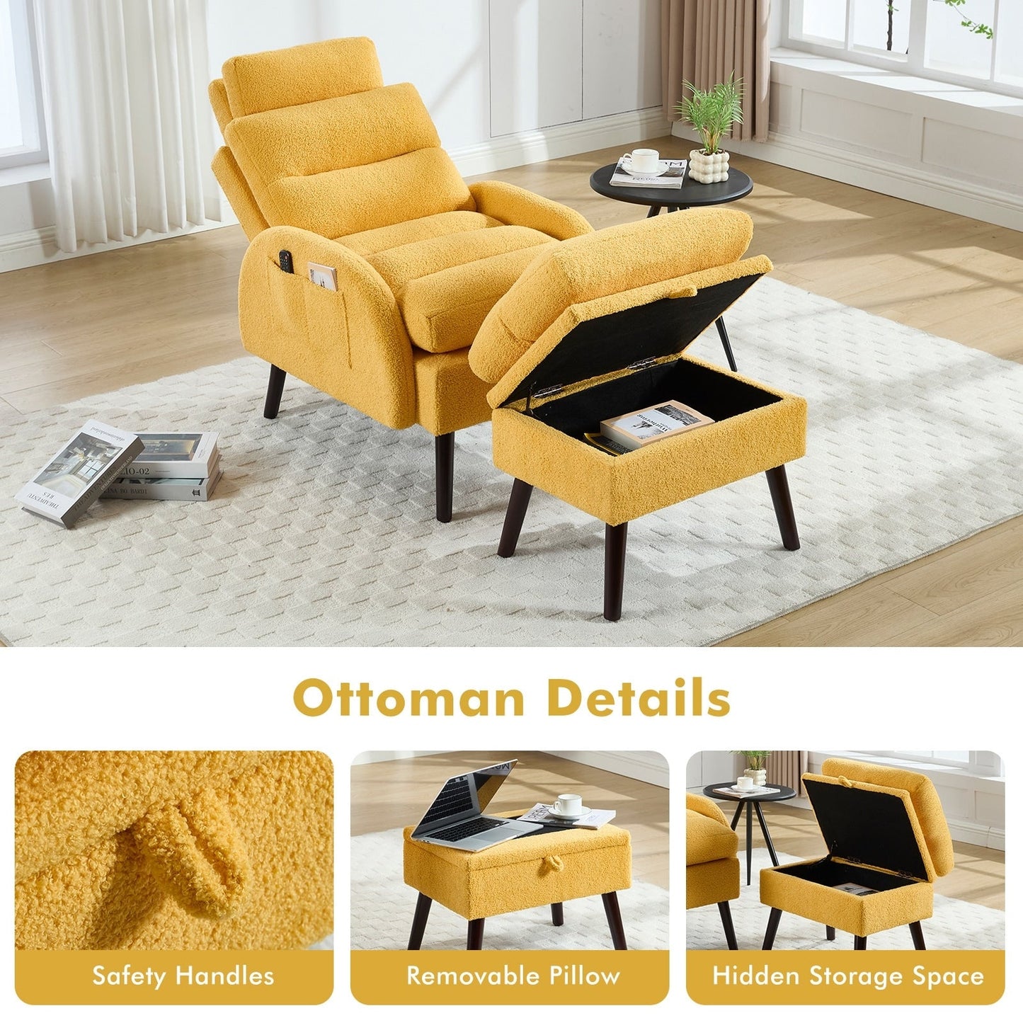 Fauteuil d'appoint HOMYKA avec dossier réglable et pouf de rangement