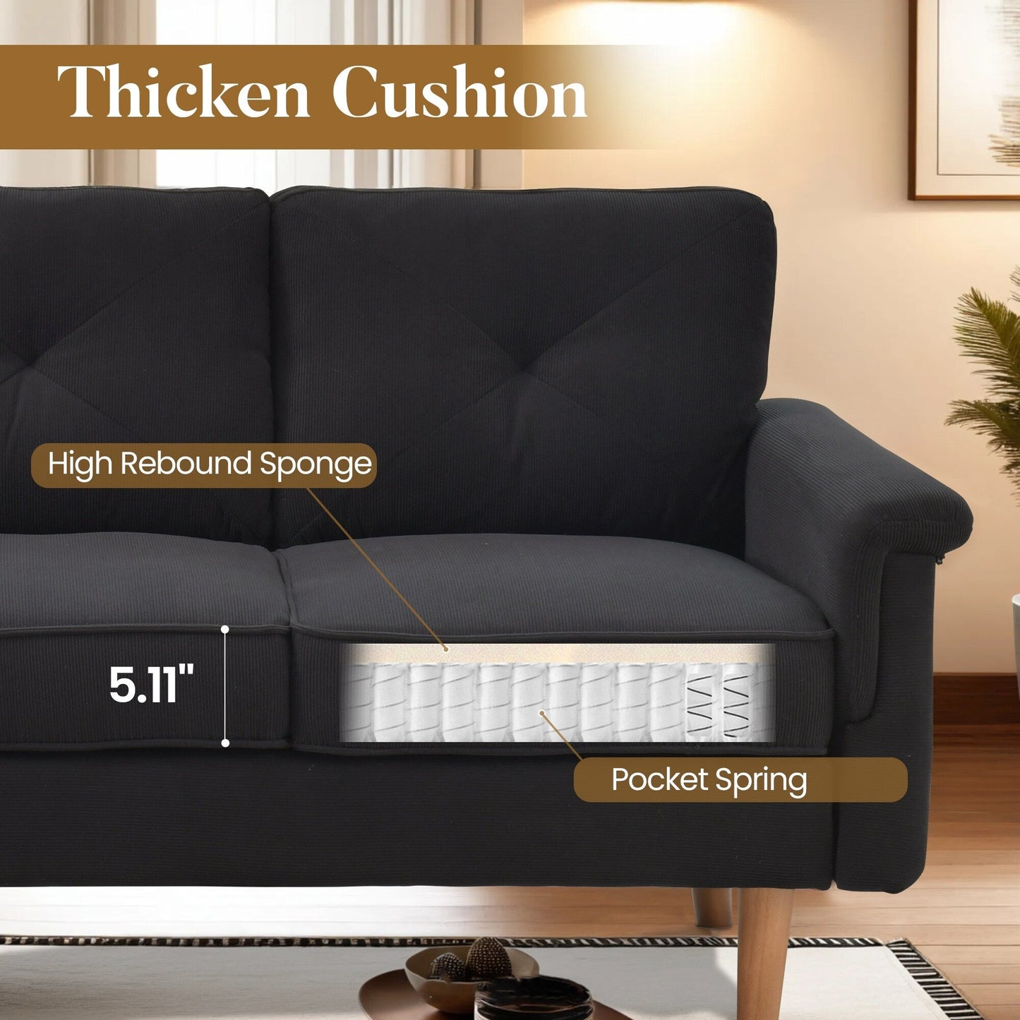 Canapé 3 places rembourré HOOOWOOO Mid-Century avec pieds en bois pour salon