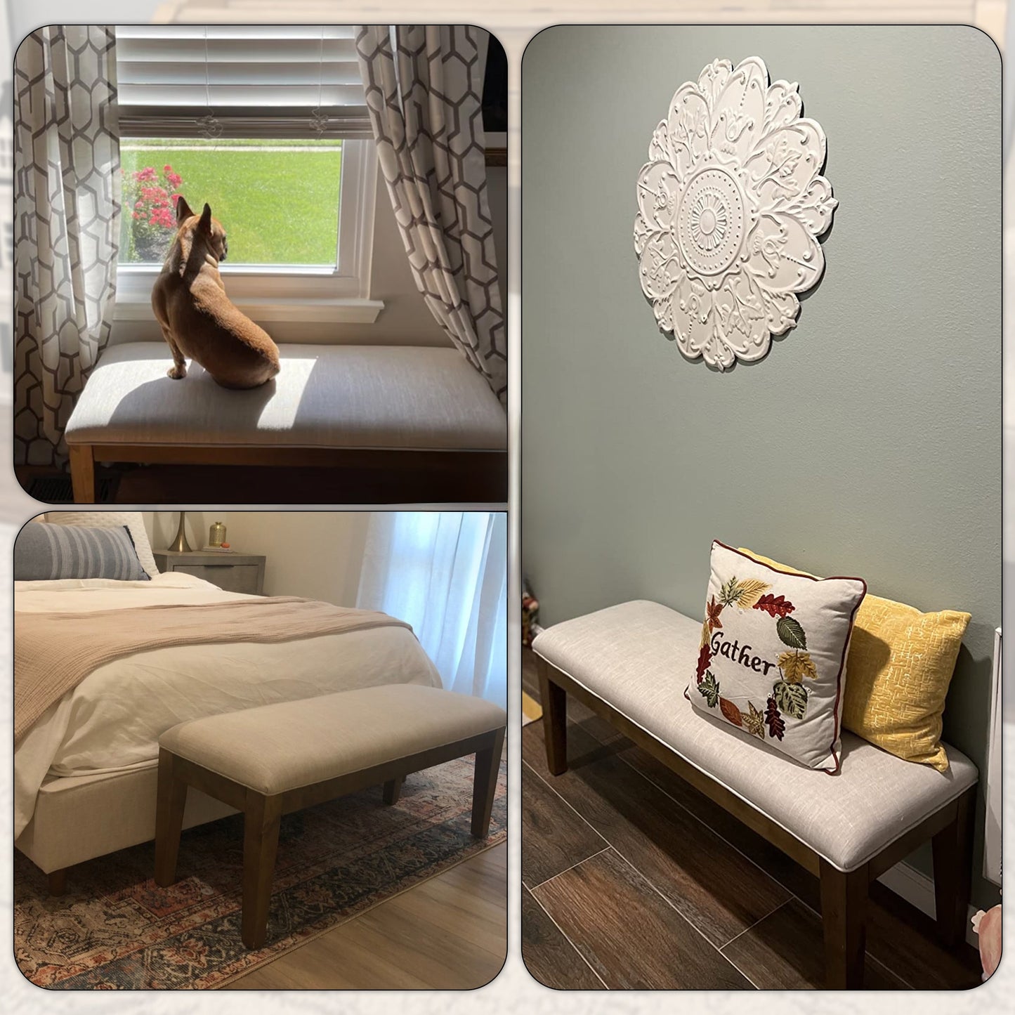 Banc d'entrée rembourré en tissu, banc de chambre pour bout de lit beige, bois massif 44 pouces