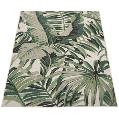 Tapis d'intérieur et d'extérieur à motif de feuilles de palmier tropicales pour terrasse, coloris vert et beige