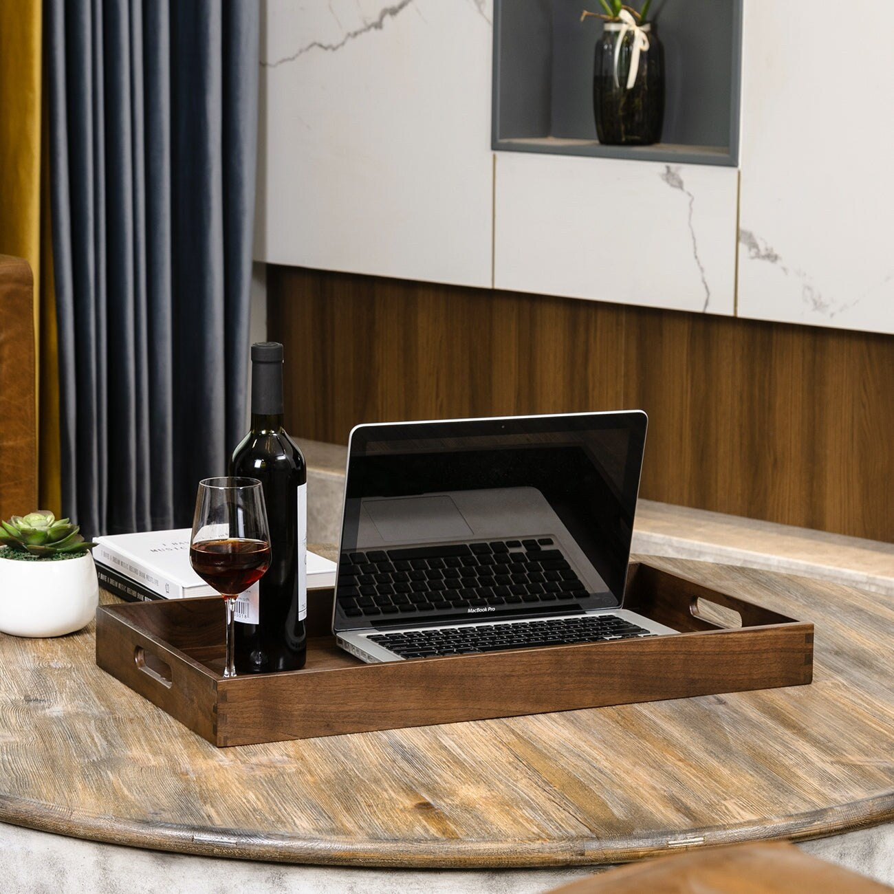 KINWELL Rectangle Black Walnut Wood Serving Tray Ottoman Tray