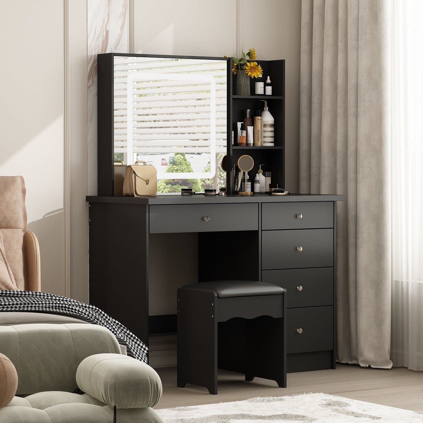 Coiffeuse Kerrogee avec miroir éclairé réglable et tabouret - 39,4 L x 19,7 l x 53,5 H