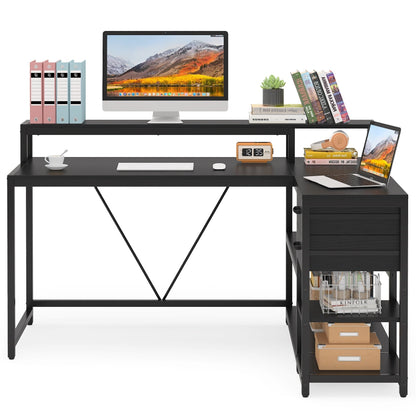 Bureau en L avec tiroir, bureau d'angle avec étagères de rangement et support d'écran, bureau PC rustique pour petits espaces