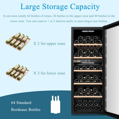 Réfrigérateur à vin autonome Lanbo 20 pouces, 64 bouteilles, double zone, porte vitrée avec garniture en acier inoxydable et deux serrures de sécurité.