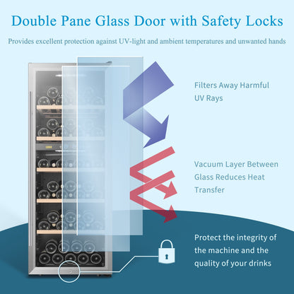 Réfrigérateur à vin autonome Lanbo 20 pouces, 64 bouteilles, double zone, porte vitrée avec garniture en acier inoxydable et deux serrures de sécurité.