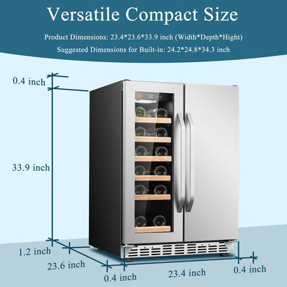 Réfrigérateur Lanbo 24 pouces à double zone, 18 bouteilles de vin et 55 canettes de boissons, en acier inoxydable et verre, avec porte française