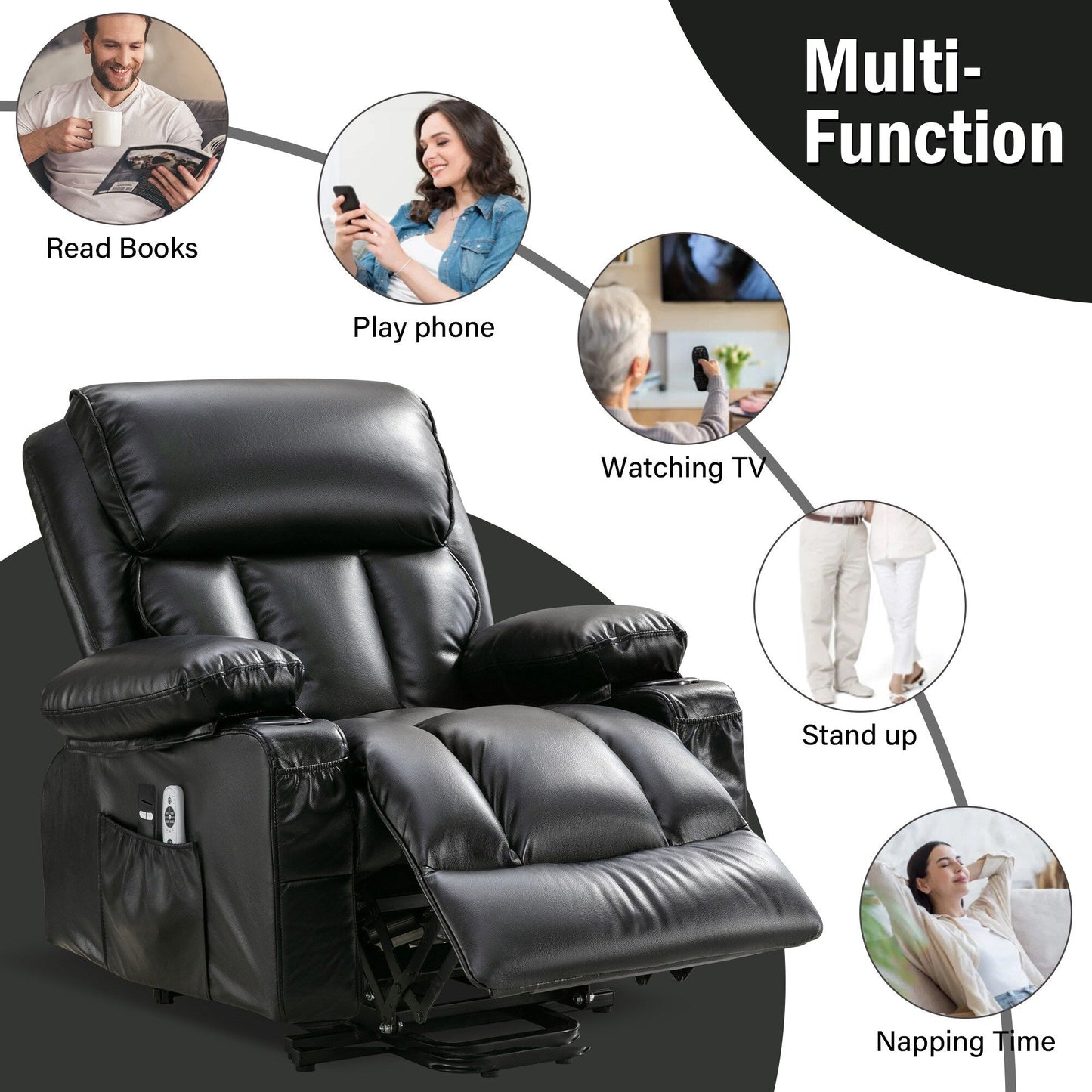Large Power Lift Recliner Chair with Heat and 8-Point Massage - Remote Control, USB Port