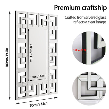 Grand miroir mural décoratif avec cadre géométrique aux accents argentés