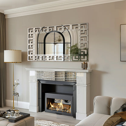 Grand miroir mural décoratif avec cadre géométrique aux accents argentés