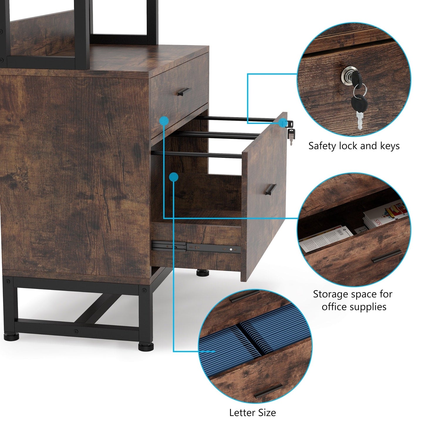 Classeur à 2 tiroirs, meuble de classement moderne avec support d'imprimante et serrure