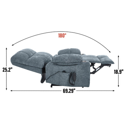 Lazy Boy Dual Motor Chenille Power Lift Recliner w/Massage and Lumbar Heating, Dual Cup Holders, Grey-Blue