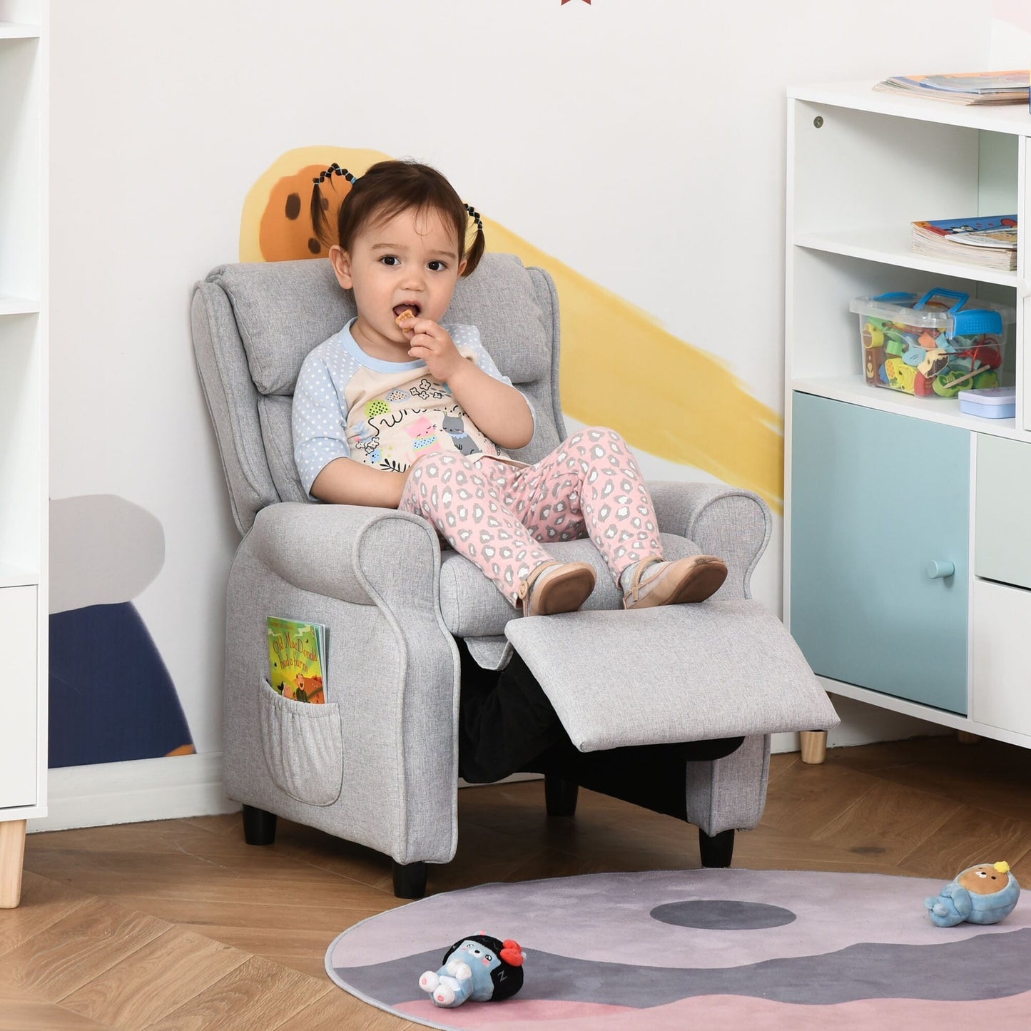 Light Grey Kids Children Upholstered Manual Recliner for 3-5 Years with Footrest and 2 Side Pockets