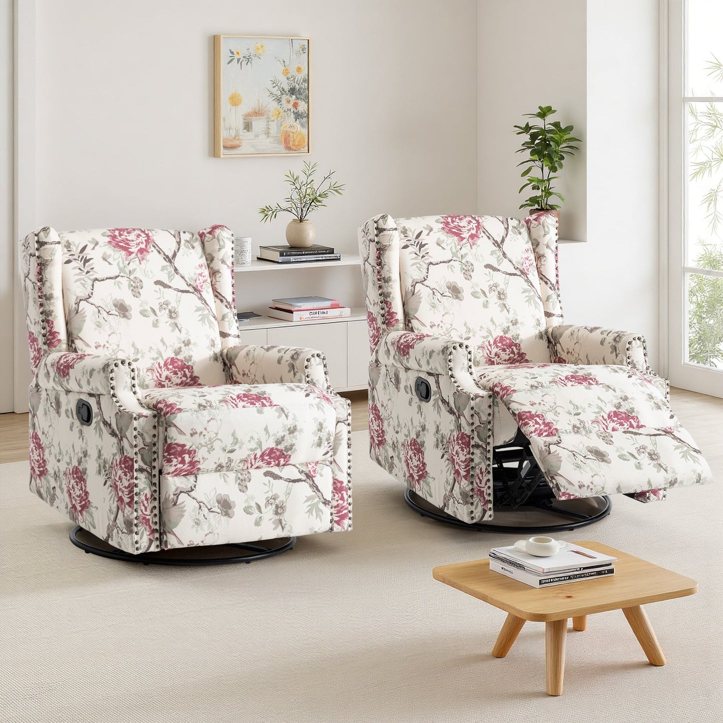 Ensemble de 2 fauteuils inclinables pivotants à bascule de 74 cm de large, à dossier inclinable manuel.