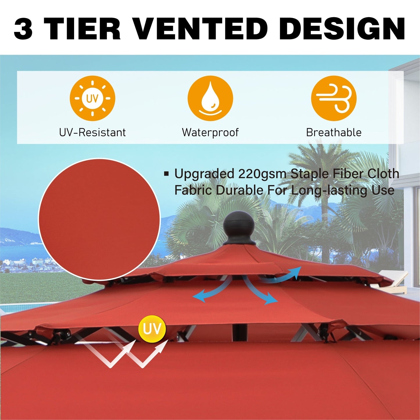 MAISON ARTS 10ft 3 Tiers Vented Patio Outdoor Umbrella with Auto-tilt and Crank Lift