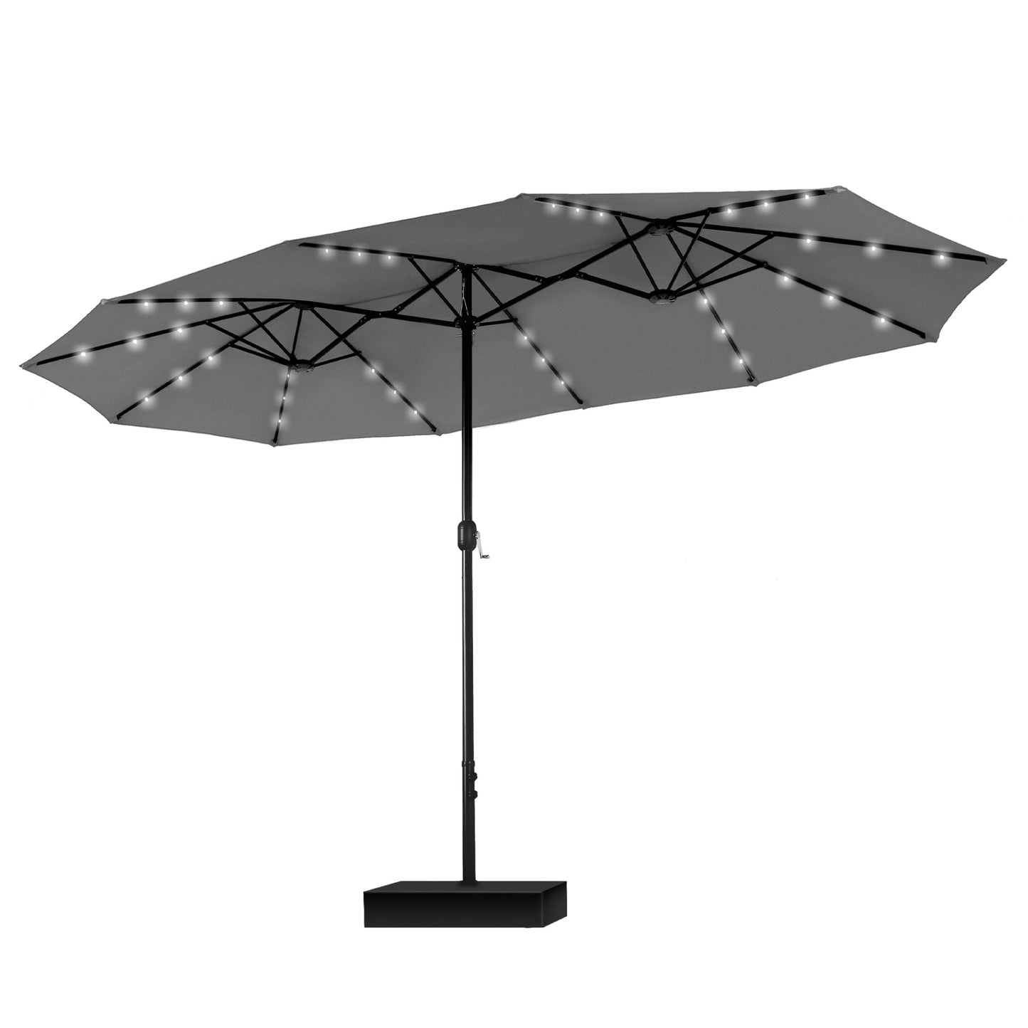 MAISON ARTS Parasol de marché extérieur rectangulaire à manivelle double face de 15 pieds Parasol de patio éclairé par LED solaire avec base incluse