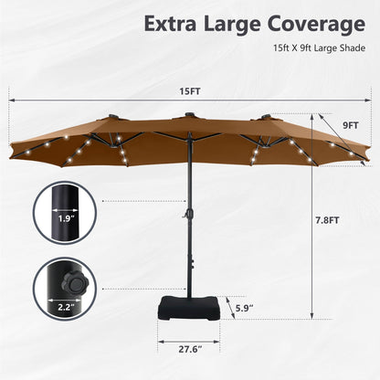 MAISON ARTS Parasol de marché extérieur rectangulaire à manivelle double face de 15 pieds Parasol de patio éclairé par LED solaire avec base incluse