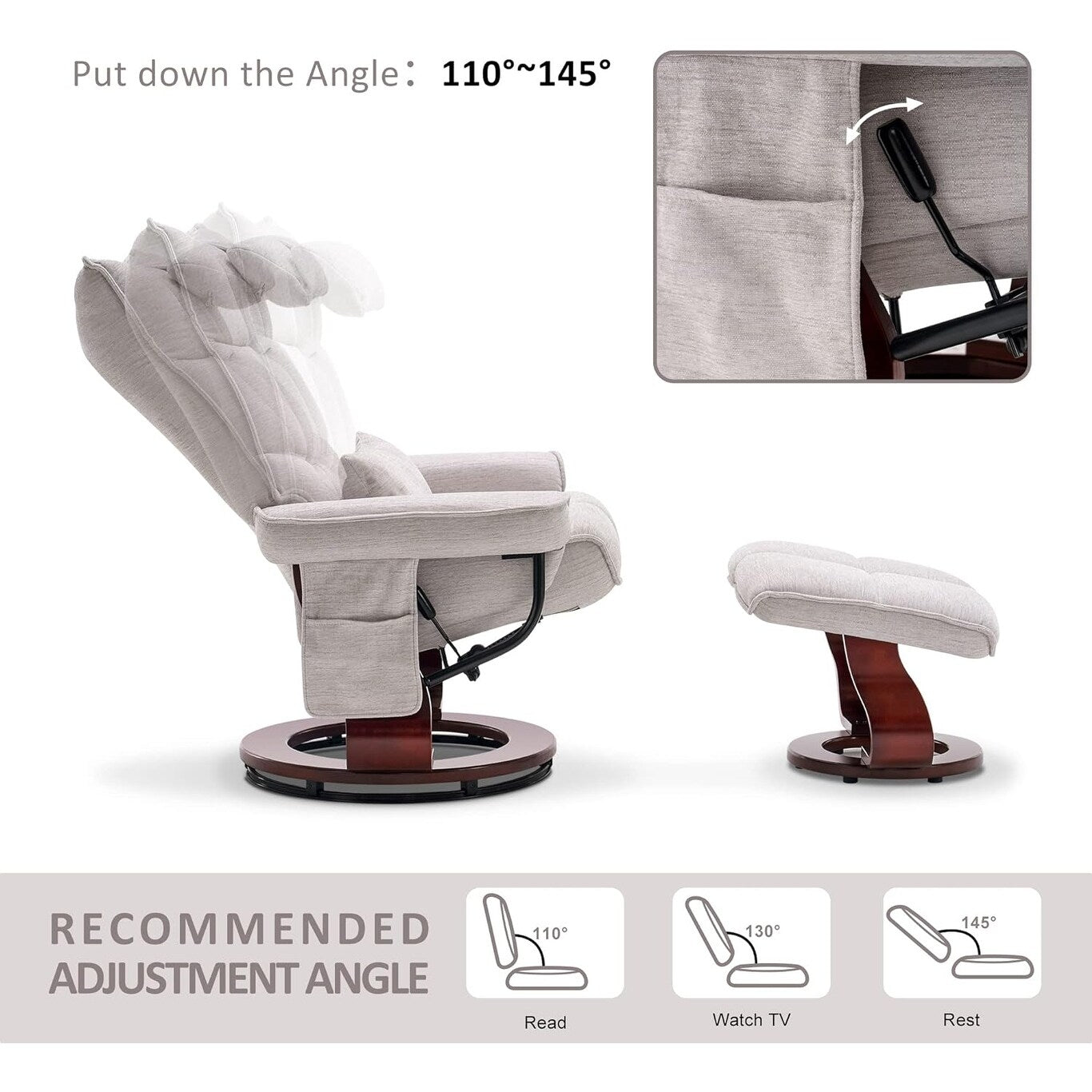 MCombo Set of 2 Swivel Recliner with Ottoman and Neck Pillow,Chenille Fabric