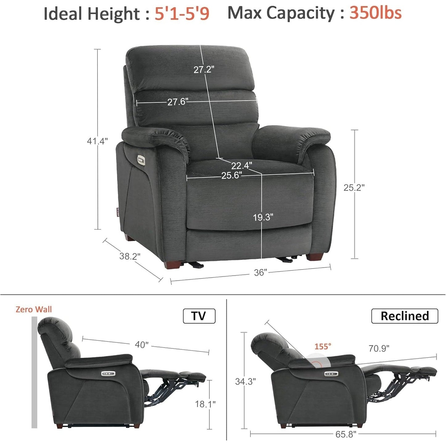 MCombo Zero Wall-Hugger Power Recliner Chair with Adjustable Headrest, Perfect for Small Spaces and RV, Fabric ST257