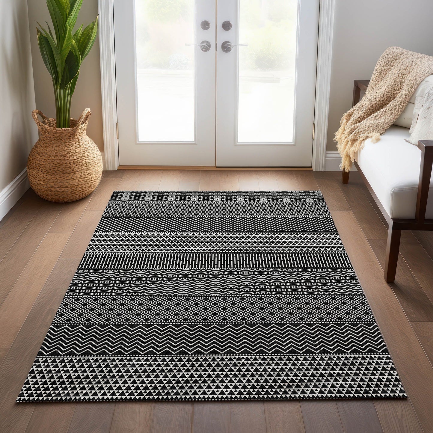 Tapis Chantille à rayures modernes, lavable en machine, pour intérieur et extérieur