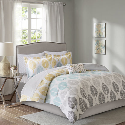 Madison Park Essentials Pelham Bay Yellow/Aqua 9 Piece Comforter Set with Cotton Bed Sheets