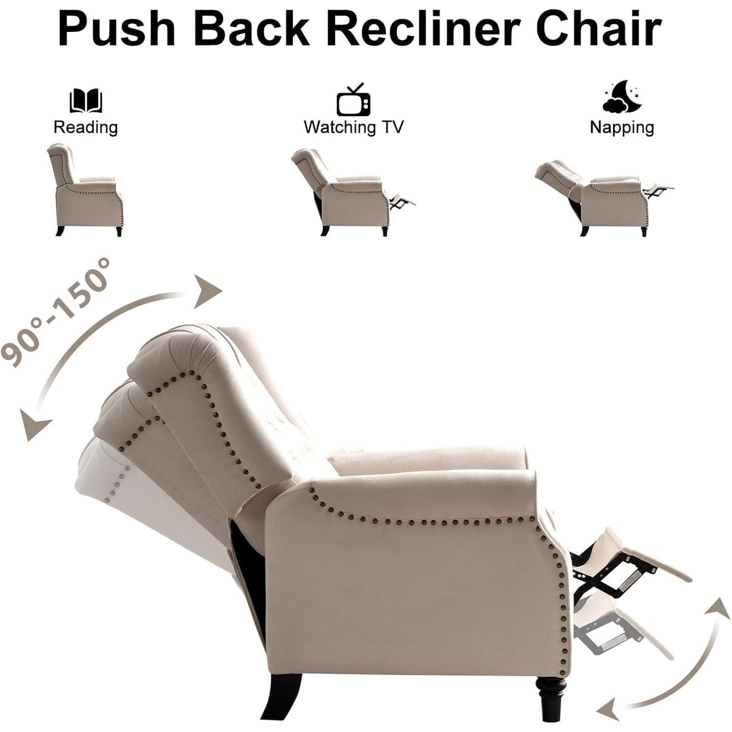 Pushback Recliner Chair, Fabric Armchair Push Back Recliner with Rivet Decoration, Single Sofa Accent Chair