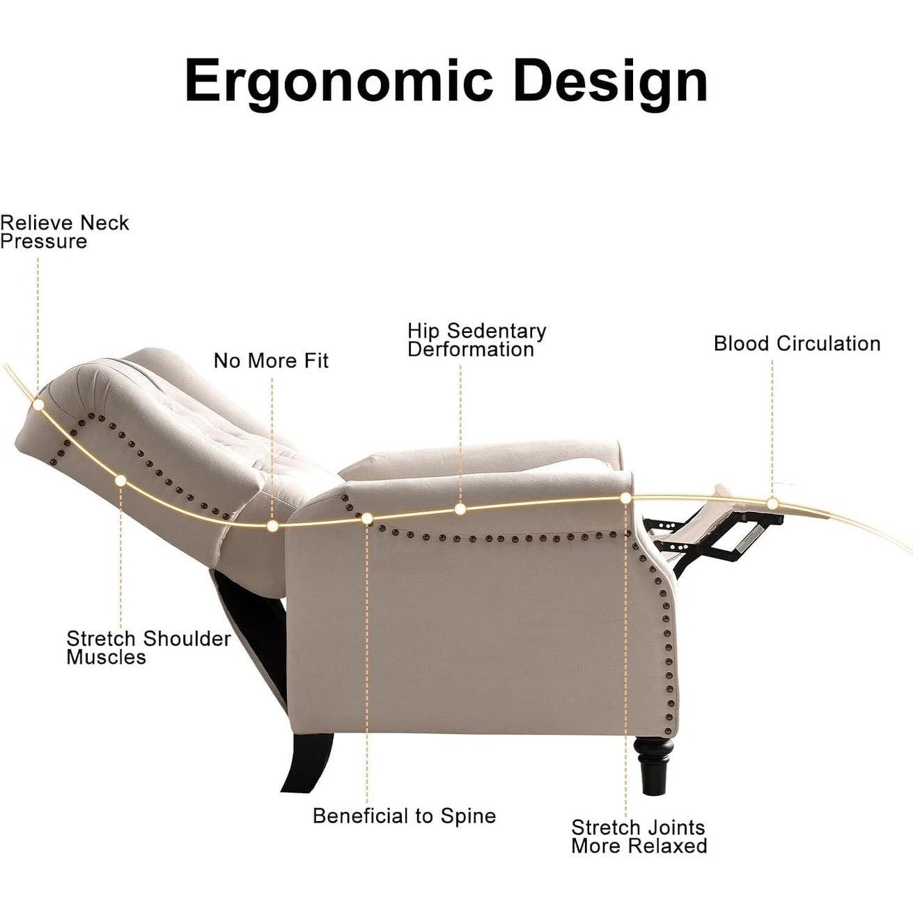 Pushback Recliner Chair, Fabric Armchair Push Back Recliner with Rivet Decoration, Single Sofa Accent Chair