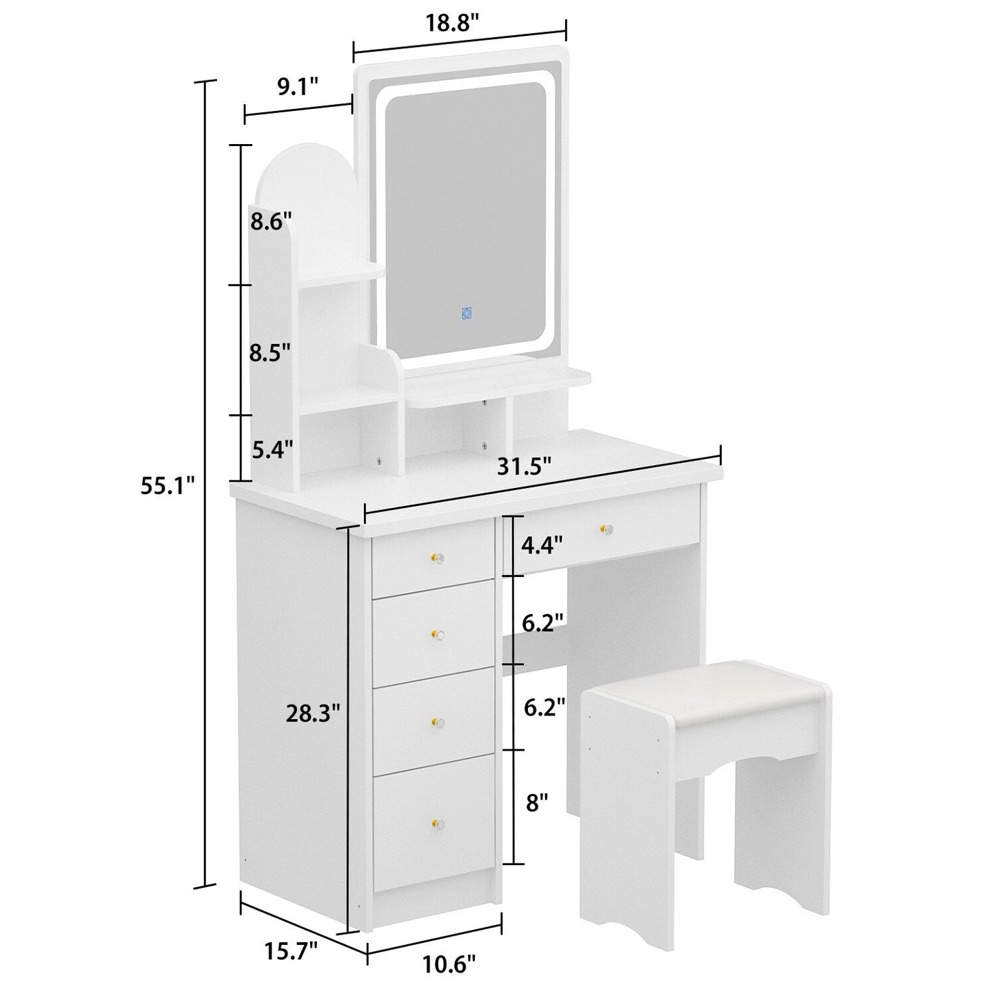 Coiffeuse avec éclairage LED, miroir et tabouret