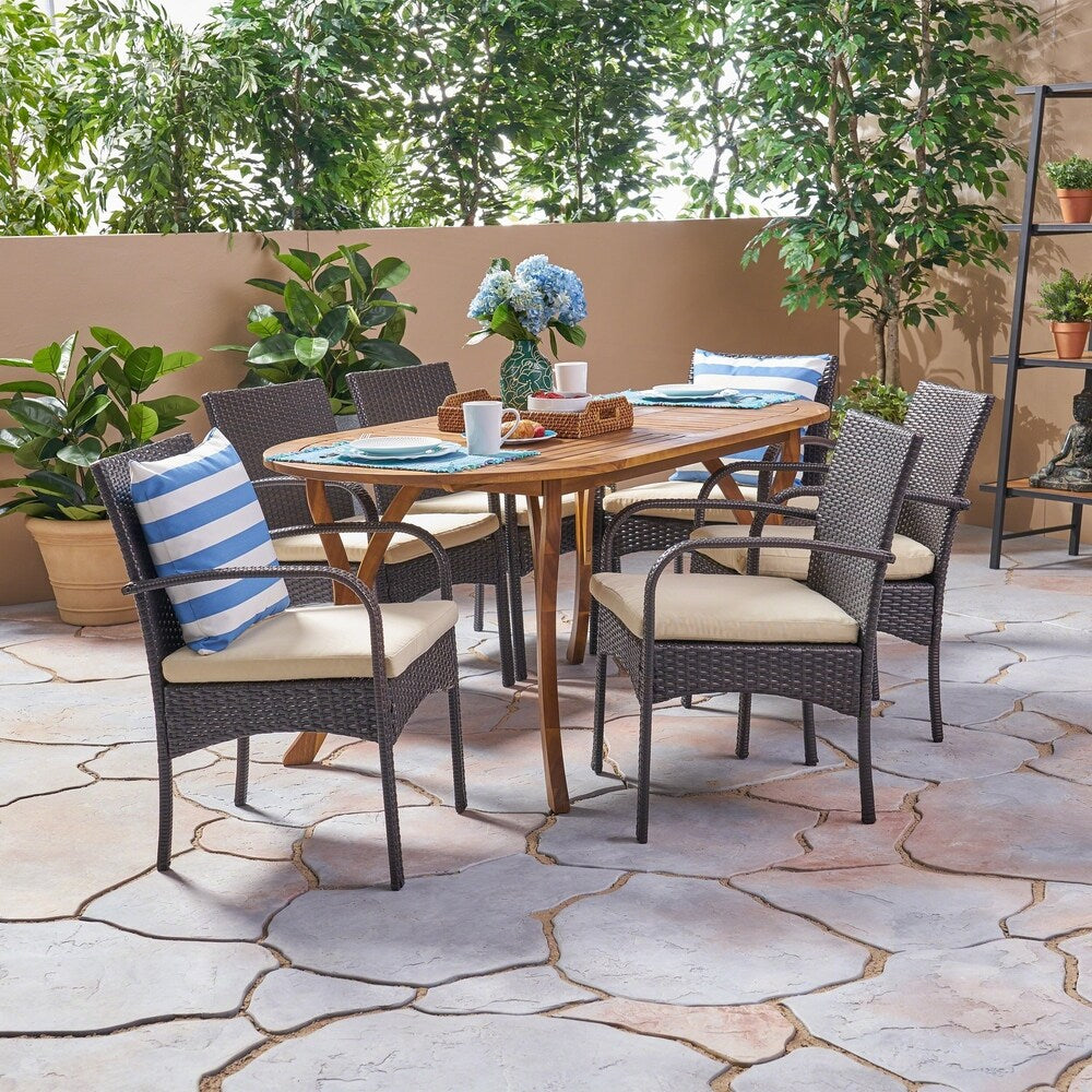 Mason Outdoor 7 Piece Acacia Wood and Wicker Dining Set by Christopher Knight Home