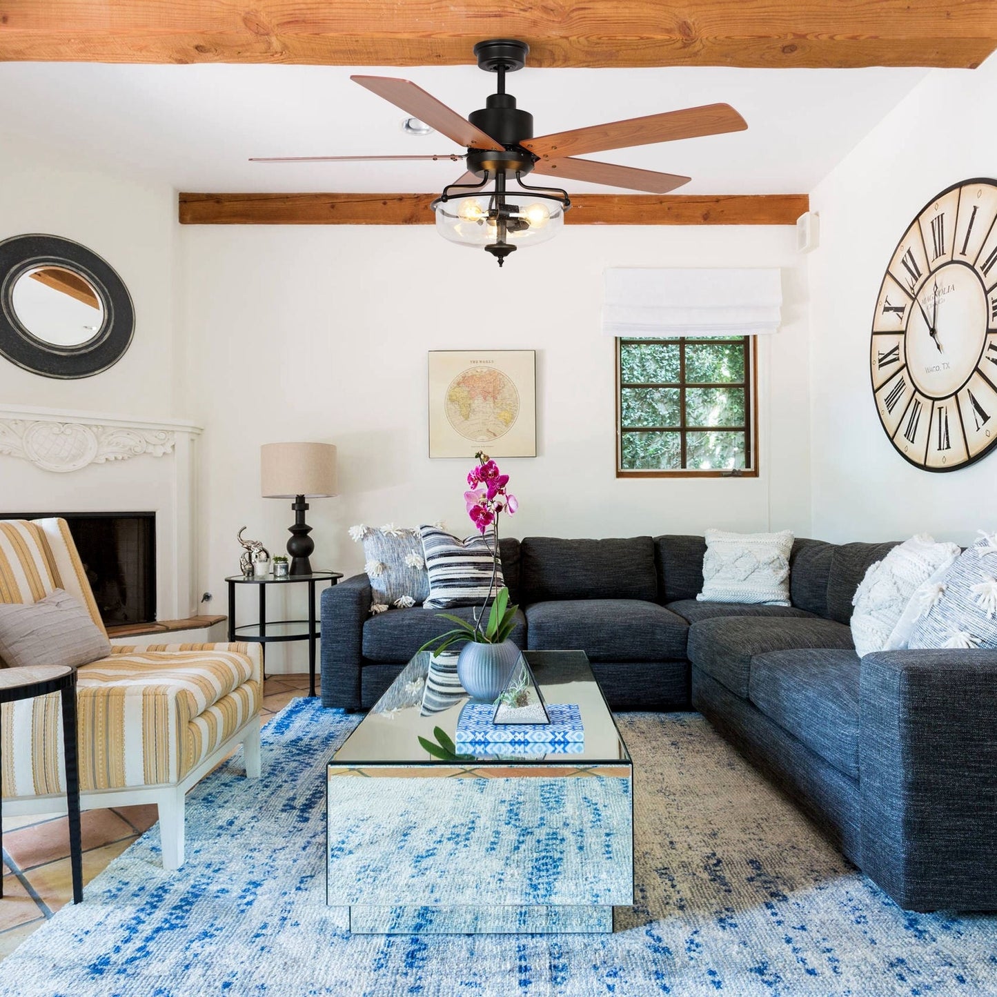 Ventilateur de plafond réversible en bois de 52 pouces, 5 pales et 3 lumières, avec télécommande