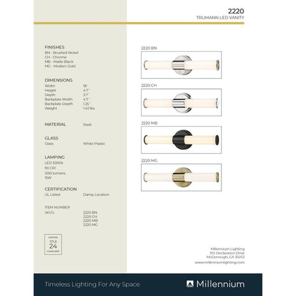 Millennium Lighting Truman LED Bathroom Vanity Fixture in Multiple Finishes