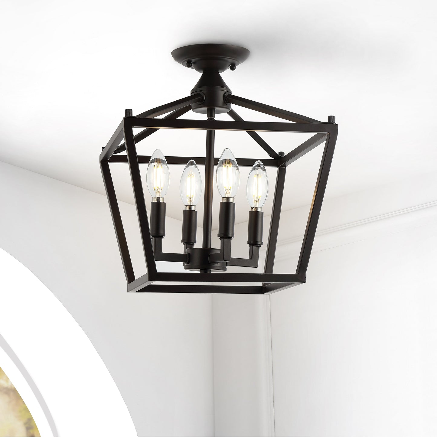 Milton Mini Lantern 4-Light Iron Modern Farmhouse LED Flush Mount, by JONATHAN Y