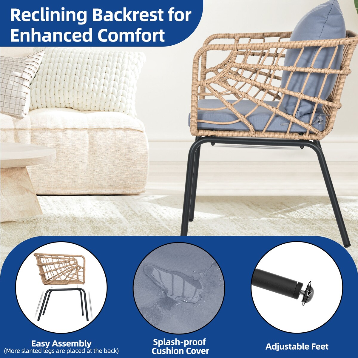 Moasis 3 Pieces Outdoor Wicker Furniture Patio Bistro Set with 2 Chairs and Coffee Table