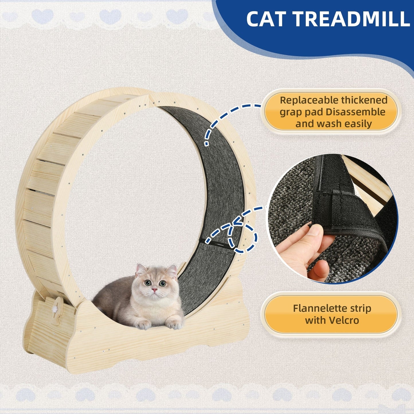 Moasis 43,3 pouces Grand tapis de course en bois pour chat avec roue d'exercice et piste recouverte de moquette